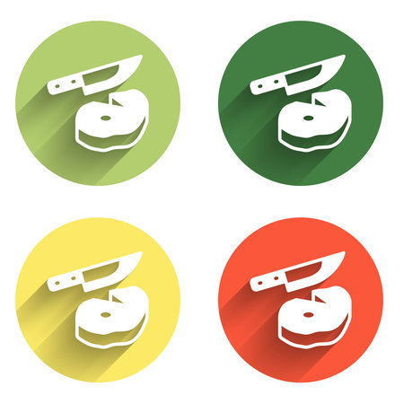 Set Steak meat and knife icon isolated with long shadow background. Slicing meat. Color circle button. Vector.のイラスト素材