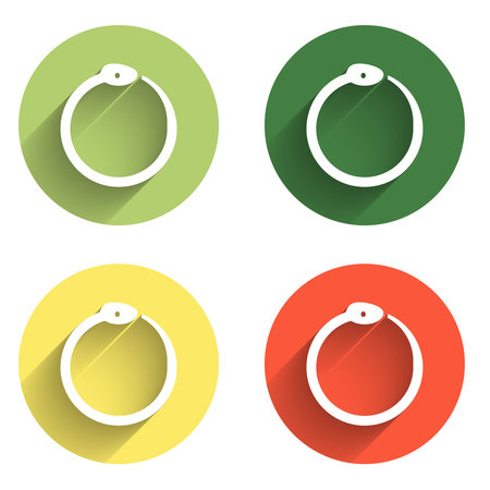 Set Magic symbol of Ouroboros icon isolated with long shadow background. Snake biting its own tail. Animal and infinity, mythology and serpent. Color circle button. Vector.のイラスト素材
