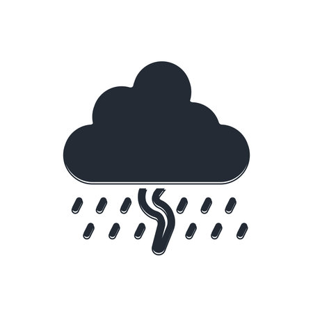 Black Cloud with rain and lightning icon isolated on white background. Rain cloud precipitation with rain drops.Weather icon of storm. Vector.のイラスト素材