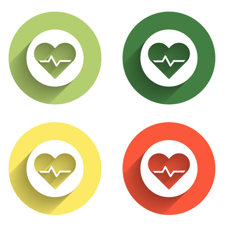 Set Heart rate icon isolated with long shadow background. Heartbeat sign. Heart pulse icon. Cardiogram icon. Color circle button. Vector.のイラスト素材
