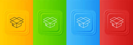 White Carton cardboard box icon isolated on colorful background. Box, package, parcel sign. Delivery and packaging. Set icons in square buttons. Vector.のイラスト素材