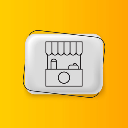 Black Street stall with awning and wooden rack icon isolated on yellow background. Kiosk with wooden rack. Silver rectangle button. Vector.のイラスト素材