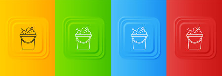 White Bucket with soap suds icon isolated on colorful background. Bowl with water. Washing clothes, cleaning equipment. Set icons in square buttons. Vector.のイラスト素材