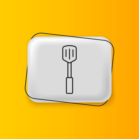 Black Barbecue spatula icon isolated on yellow background. Kitchen spatula icon. BBQ spatula sign. Barbecue and grill tool. Silver rectangle button. Vector.のイラスト素材