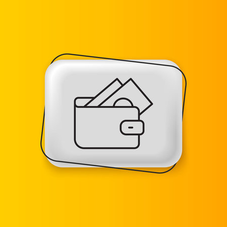 Black Wallet with stacks paper money cash icon isolated on yellow background. Purse icon. Cash savings symbol. Silver rectangle button. Vector.のイラスト素材