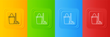 White Mop and bucket icon isolated on colorful background. Cleaning service concept. Set icons in square buttons. Vector.のイラスト素材