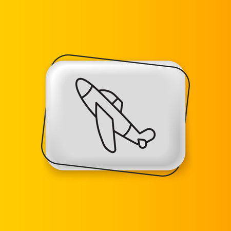 Black Toy plane icon isolated on yellow background. Flying airplane icon. Airliner sign. Silver rectangle button. Vector.のイラスト素材