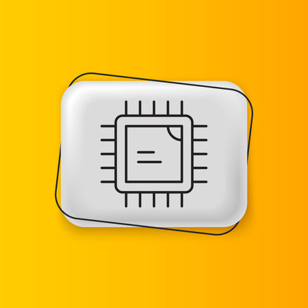 Black Computer processor with microcircuits CPU icon isolated on yellow background. Chip or cpu with circuit board. Micro processor. Silver rectangle button. Vector.のイラスト素材