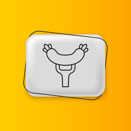 Black Sausage on the fork icon isolated on yellow background. Grilled sausage and aroma sign. Silver rectangle button. Vector.のイラスト素材