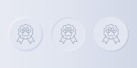 Gray Pet award symbol icon isolated on gray background. Badge with dog or cat paw print and ribbons. Medal for animal. Set icons in square buttons. Vector.のイラスト素材