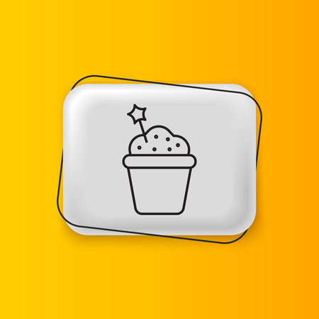 Black Cake icon isolated on yellow background. Happy Birthday. Silver rectangle button. Vector.のイラスト素材