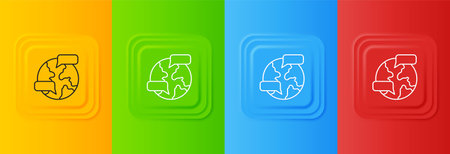 White Worldwide icon isolated on colorful background. Pin on globe. Set icons in square buttons....