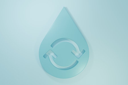 Blue Recycle clean aqua icon isolated on blue background. Drop of water with sign recycling. Minimalism concept. 3D render illustration.の写真素材