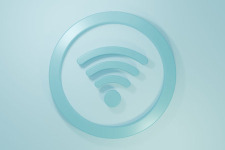 Blue Wi-Fi wireless internet network symbol icon isolated on blue background. Minimalism concept. 3D...