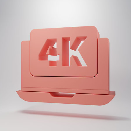Pink Laptop screen with 4k video technology icon isolated on pink background. Minimalism concept. 3D...