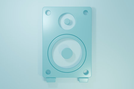 Blue Stereo speaker icon isolated on blue background. Sound system speakers. Music icon. Musical column speaker bass equipment. Minimalism concept. 3D render illustration.の写真素材