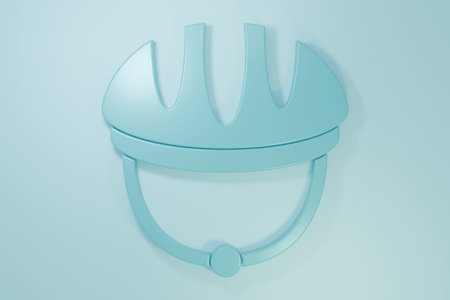 Blue Bicycle helmet icon isolated on blue background. Extreme sport. Sport equipment. Minimalism concept. 3D render illustration.の写真素材