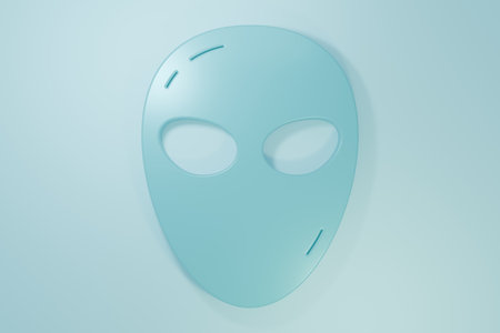 Blue Alien icon isolated on blue background. Extraterrestrial alien face or head symbol. Minimalism concept. 3D render illustration.の写真素材