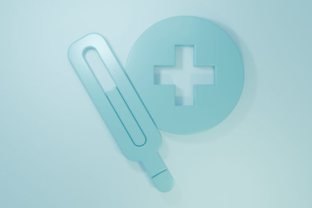 Blue Medical thermometer for medical examination icon isolated on blue background. Minimalism...