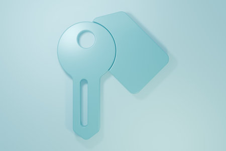 Blue Hotel door lock key icon isolated on blue background. Minimalism concept. 3D render illustration.の写真素材