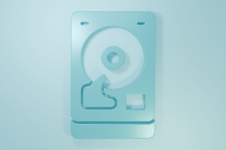 Blue Hard disk drive HDD icon isolated on blue background. Minimalism concept. 3D render...
