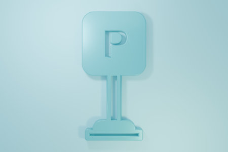 Blue Parking icon isolated on blue background. Street road sign. Minimalism concept. 3D render illustration.の写真素材