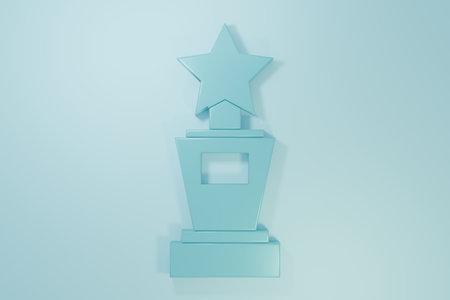 Blue Award cup icon isolated on blue background. Winner trophy symbol. Championship or competition trophy. Sports achievement sign. Minimalism concept. 3D render illustration.の写真素材