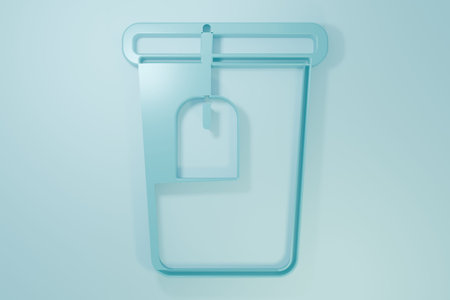 Blue Cup with tea bag icon isolated on blue background. Minimalism concept. 3D render illustration.