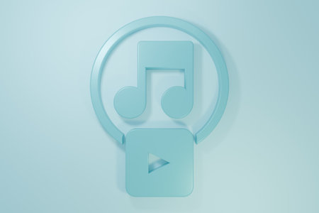 Blue Play in square icon isolated on blue background. Minimalism concept. 3D render illustration.の写真素材