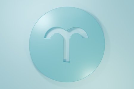 Blue Aries zodiac sign icon isolated on blue background. Astrological horoscope collection. Minimalism concept. 3D render illustration.の写真素材