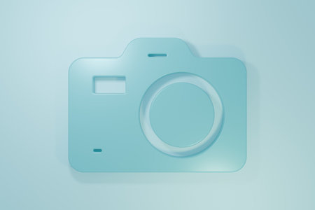 Blue Photo camera icon isolated on blue background. Foto camera. Digital photography. Minimalism concept. 3D render illustration.の写真素材