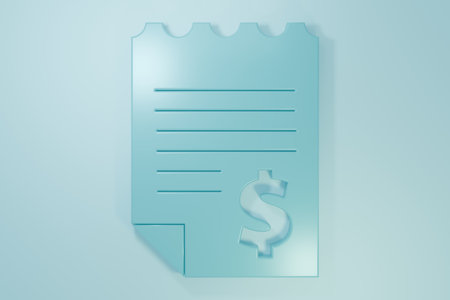 Blue Paper or financial check icon isolated on blue background. Paper print check, shop receipt or bill. Minimalism concept. 3D render illustration.の写真素材