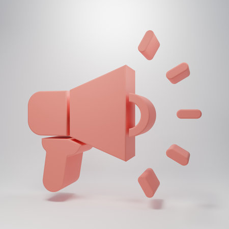 Pink Megaphone icon isolated on pink background. Speaker sign. Minimalism concept. 3D render illustration.の写真素材