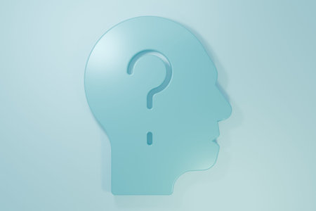 Blue Human head with question mark icon isolated on blue background. Minimalism concept. 3D render...