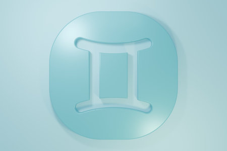 Blue Gemini zodiac sign icon isolated on blue background. Astrological horoscope collection. Minimalism concept. 3D render illustration.の写真素材