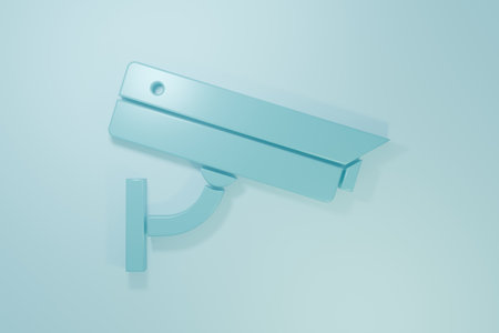 Blue Security camera icon isolated on blue background. Minimalism concept. 3D render illustration.の写真素材
