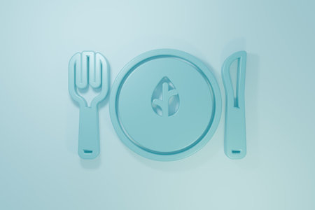 Blue Vegan food diet icon isolated on blue background. Organic, bio, eco symbol. Vegan, no meat, lactose free, healthy, fresh and nonviolent food. Minimalism concept. 3D render illustration.の写真素材