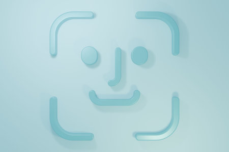Blue Face recognition icon isolated on blue background. Face identification scanner icon. Facial id....