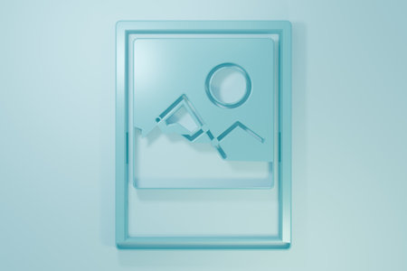Blue Photo frame icon isolated on blue background. Vintage empty photos frame. Minimalism concept. 3D render illustration.の写真素材