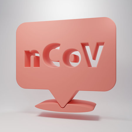 Pink Corona virus 2019-nCoV on location icon isolated on pink background. Bacteria and germs, cell,...