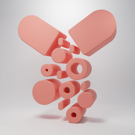 Pink pill icon isolated on pink background. Pill with toxin. Dangerous drug. Minimalism concept. 3D...
