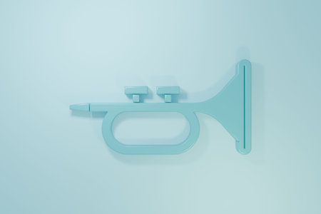 Blue Musical instrument trumpet icon isolated on blue background. Minimalism concept. 3D render...