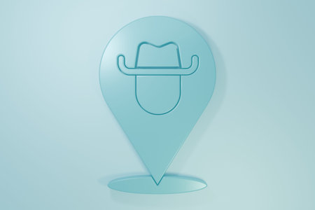 Blue Location cowboy icon isolated on blue background. Minimalism concept. 3D render illustration.の写真素材