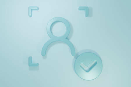 Blue Face recognition with check mark icon isolated on blue background. Face identification scanner icon. Facial id. Cyber security concept. Minimalism concept. 3D render illustration.の写真素材