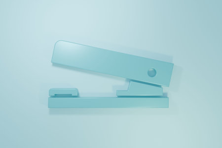 Blue Office stapler icon isolated on blue background. Stapler, staple, paper, cardboard, office equipment. Minimalism concept. 3D render illustration.の写真素材