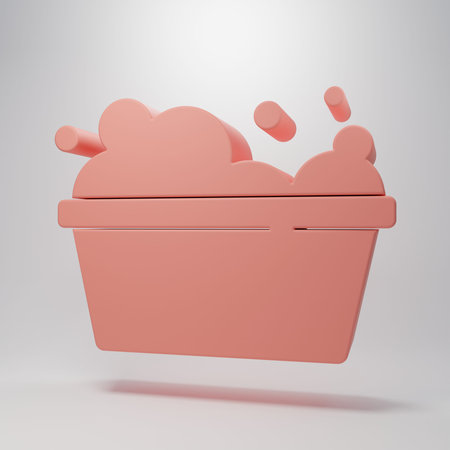 Pink Plastic basin with soap suds icon isolated on pink background. Bowl with water. Washing...