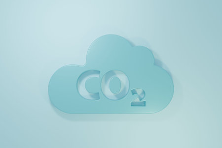 Blue CO2 emissions in cloud icon isolated on blue background. Carbon dioxide formula, smog pollution concept, environment concept. Minimalism concept. 3D render illustration.の写真素材
