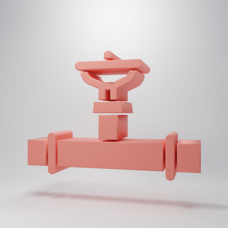 Pink Industry metallic pipe and valve icon isolated on pink background. Minimalism concept. 3D render illustration.の写真素材