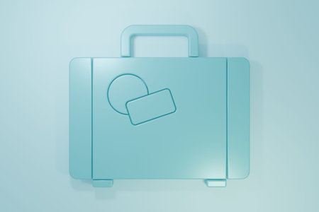 Blue Suitcase for travel icon isolated on blue background. Traveling baggage sign. Travel luggage icon. Minimalism concept. 3D render illustration.の写真素材