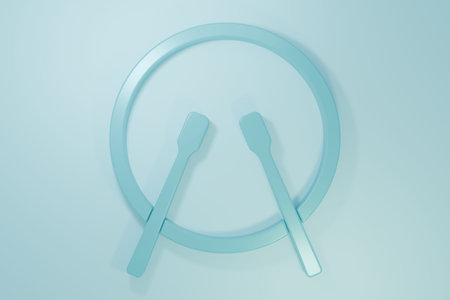 Blue Musical instrument drum and drum sticks icon isolated on blue background. Minimalism concept. 3D render illustration.の写真素材